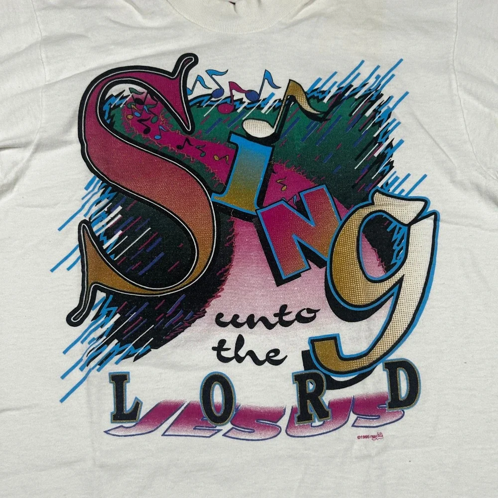 Vintage 1995 Fruit of the Loom Sing Unto The Lord Jesus Graphic Tee White Small
